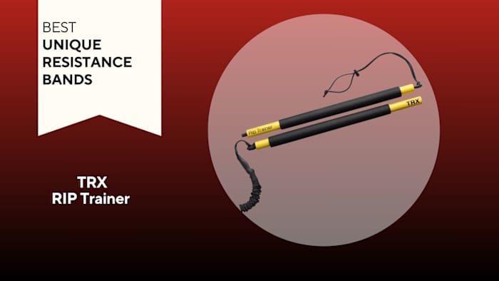 Photo of resistance bands against a red background